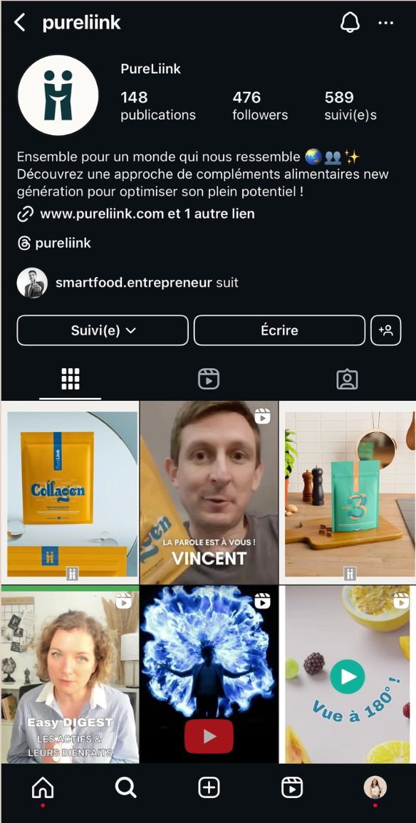 Feed Instagram PureLiink avant l'accompagnement